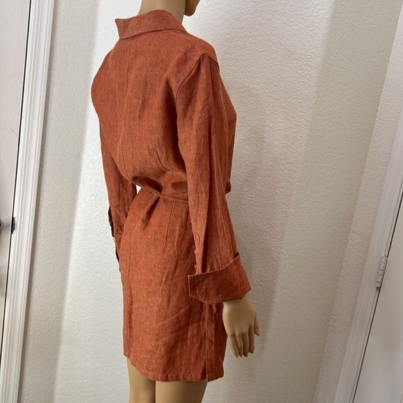 Camaieu Tunic Dress 💯 Linen Collar V Neck Rust Burnt Orange Belted 3/4 Sleeves - Picture 3 of 13